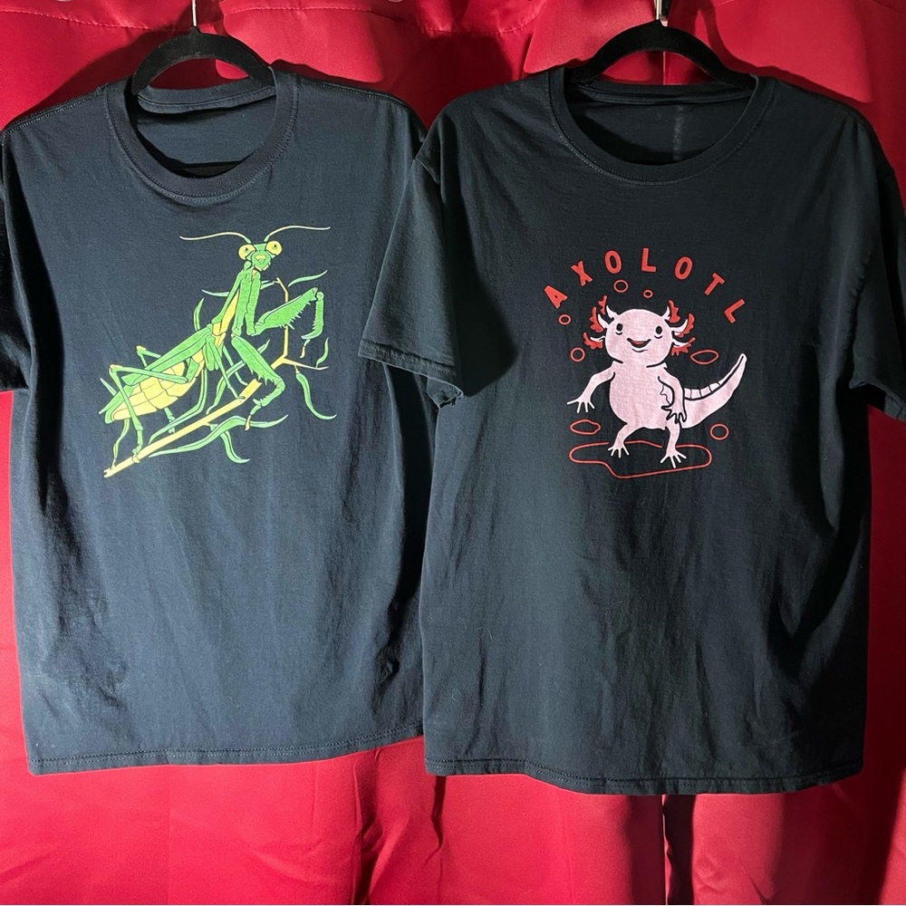• TWO-FER CRITTER T-SHIRTS • AXOLOTL AND PRAYING MANTIS •